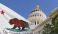 Photo of a faded California state flag laid over the California Capitol.