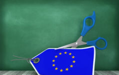 European Union Flag Price Tag with Scissors on Chalkboard Background - 3D Rendering