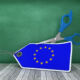 European Union Flag Price Tag with Scissors on Chalkboard Background - 3D Rendering