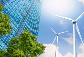 Modern high-rise buildings are powered by wind turbines. and the fresh air from the trees