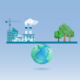 World on balance bar between industrial buildings and forest