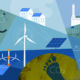 Flat vector illustration including abstract acrylic textures. Creating greener future with sustainable and renewable energy sources.