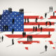 Silhouettes of people standing on the US flag.