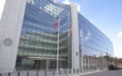 Securities and Exchange Commission, SEC, Building in Washington DC. The SEC regulates stocks and bonds and related financial activities.