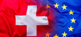 Flags of the Switzerland and the European Union. Switzerland Flag and EU Flag. World flag money conceptFlags of the Switzerland and the European Union. Switzerland Flag and EU Flag. World flag money concept