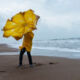 Person on a beach trying to hold an umbrella on a windy day