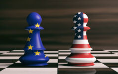 USA and EU cooperation concept. US America and European Union flags on chess pawns soldiers on a chessboard. 3d illustration